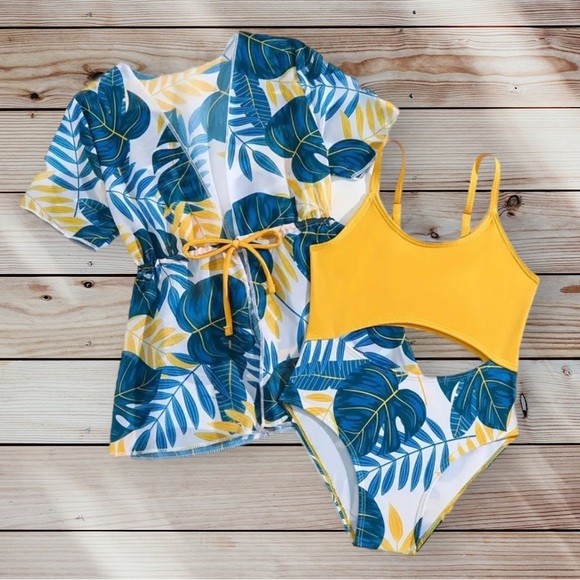 Girl’s 3pc Tropical Print One-piece Bathing Suit and Coverup Set - Picture 1 of 3